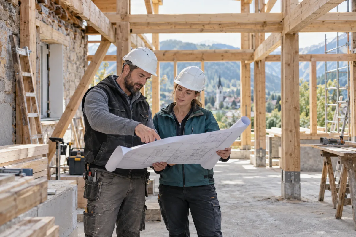 Zwei Baufachleute besprechen einen Plan auf einer Baustelle mit Holzkonstruktion.