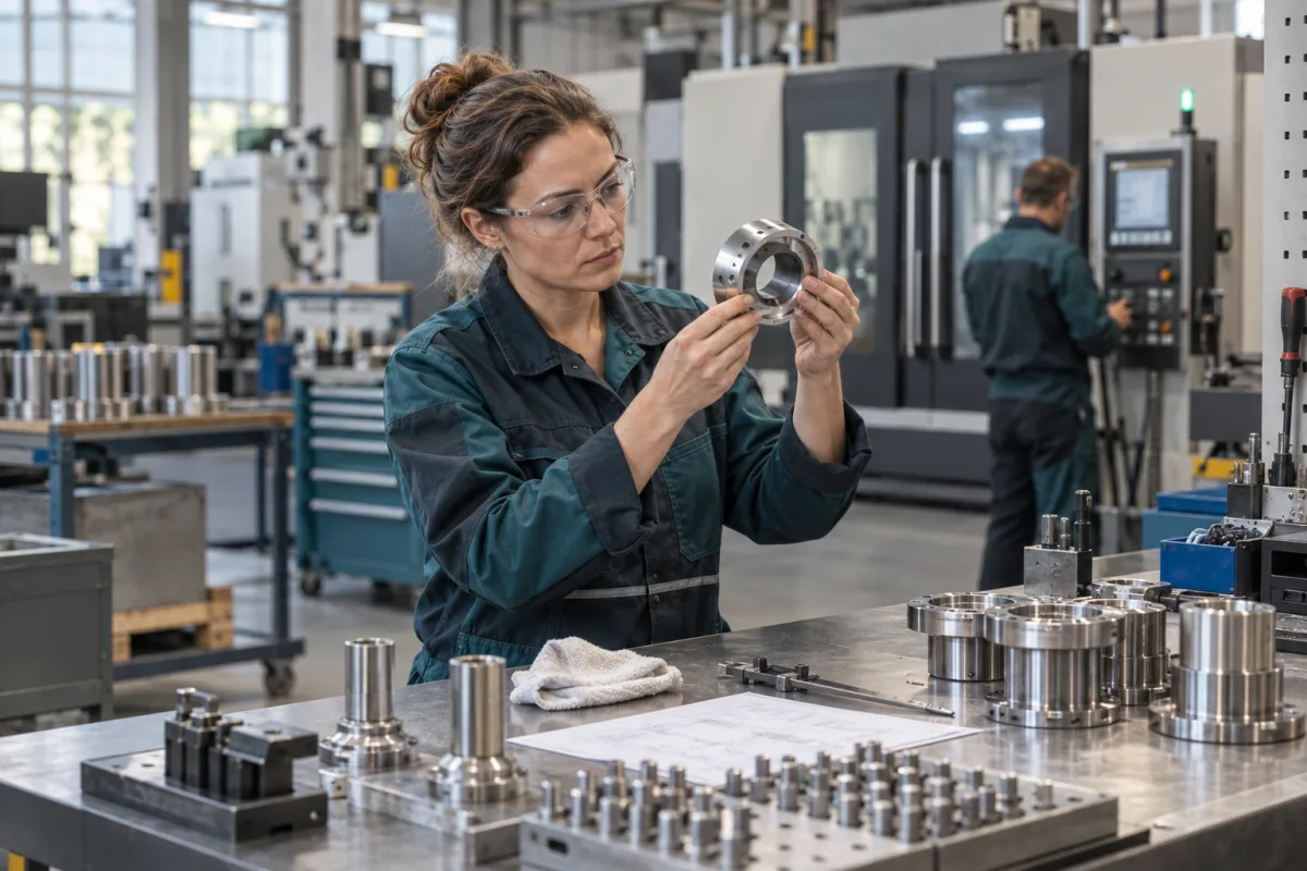 Eine Fachkraft mit Schutzbrille prüft ein Metallbauteil in einer Produktionshalle.