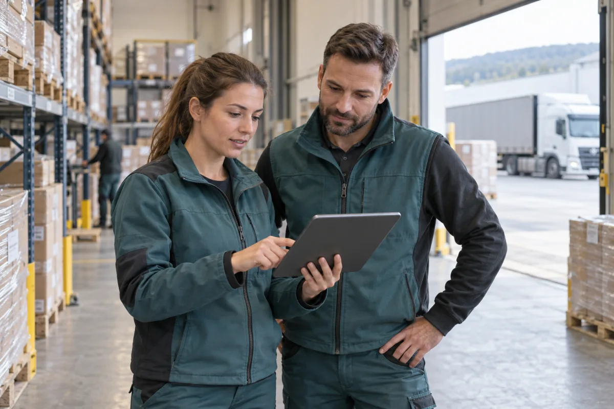 Ein Logistikteam prüft Auftragsinformationen auf einem Tablet in einer Lagerhalle.